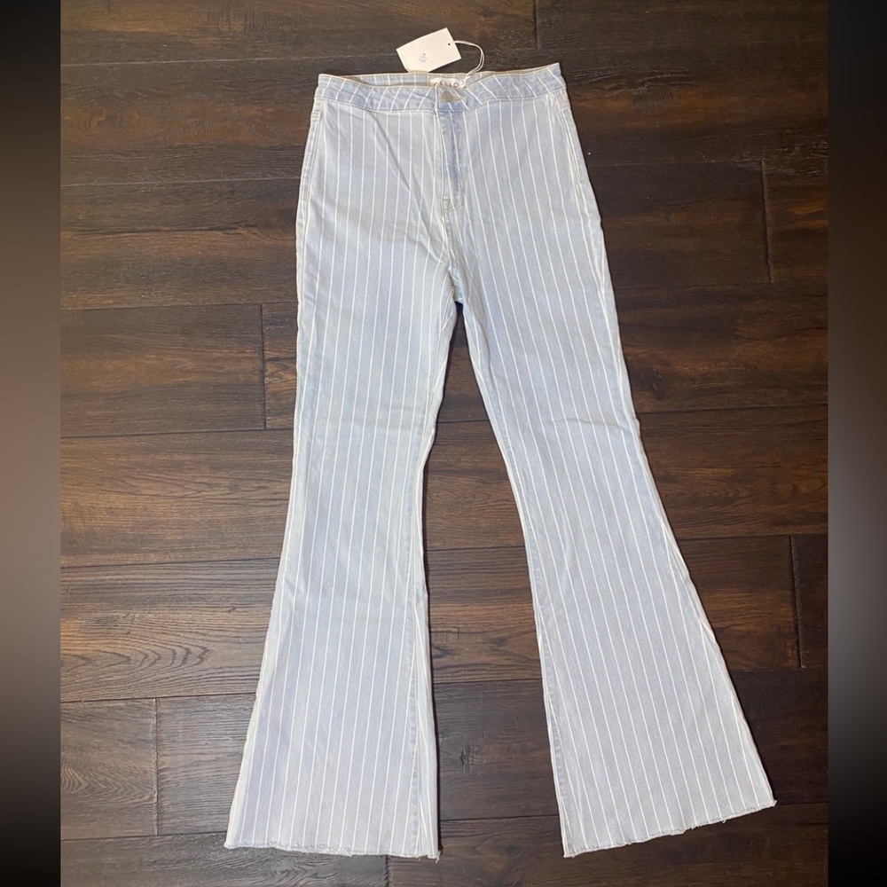 Cello Light Blue Striped High Rise Skinny Flare Jeans